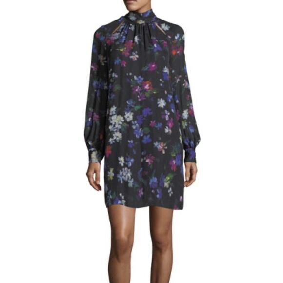 Milly Sherie Long Sleeve Painted Floral Georgette Silk Mini Dress size 2 - Picture 1 of 8